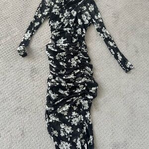 Lush Elegant Black and White Floral Long Sleeve Dress